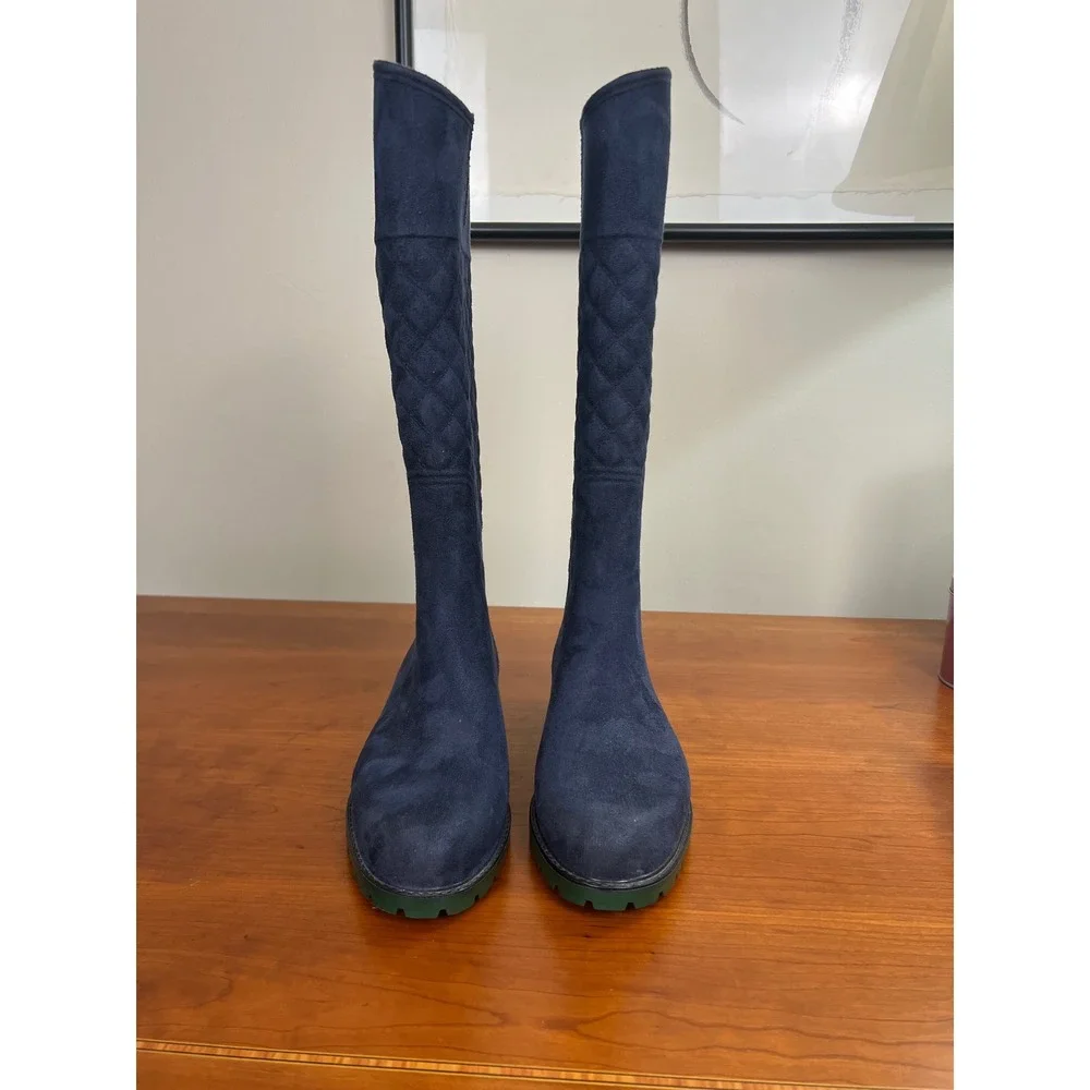 Tommy Hilfiger Navy Quilted Suede Tall Boots Green Lug Sole Gold Logo‎ Women 6M